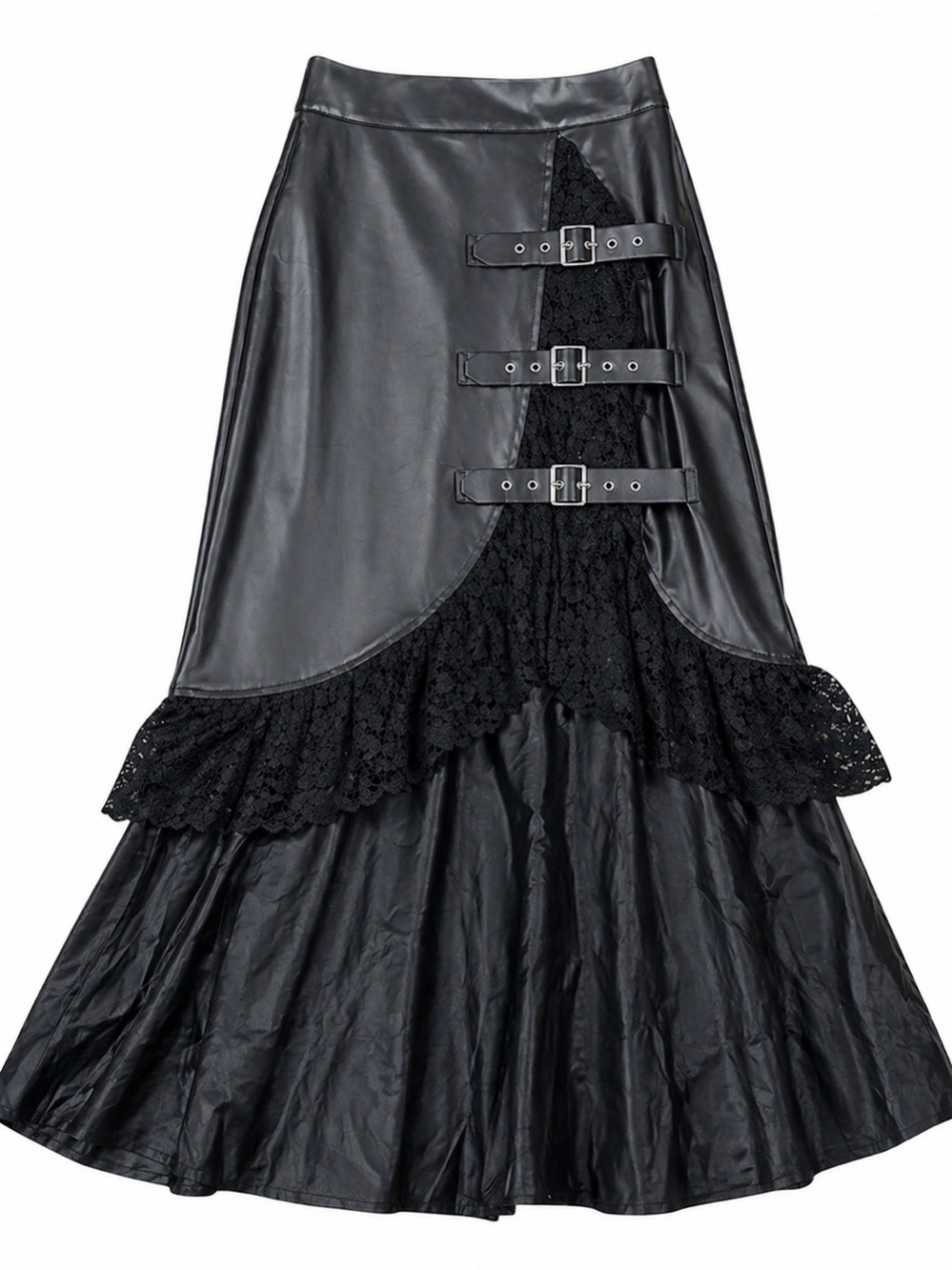Tov Black Gothic Faux Leather/Lace‎ Maxi Skirt w/Buckle Size 38 NWOT